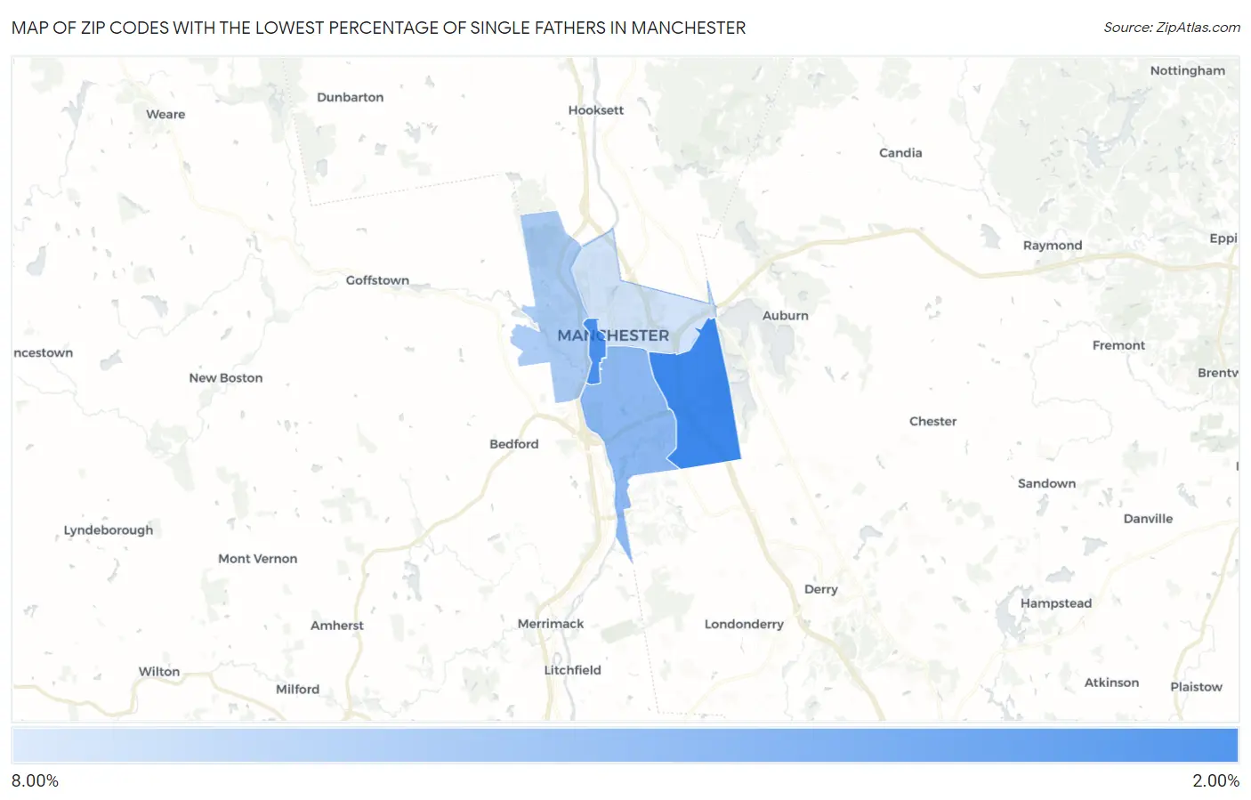 Zip Codes with the Lowest Percentage of Single Fathers in Manchester Map