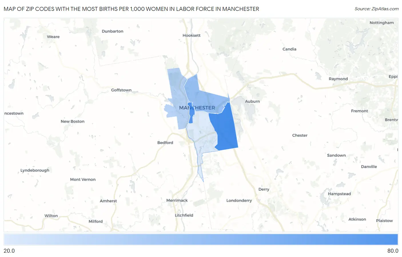 Zip Codes with the Most Births per 1,000 Women in Labor Force in Manchester Map