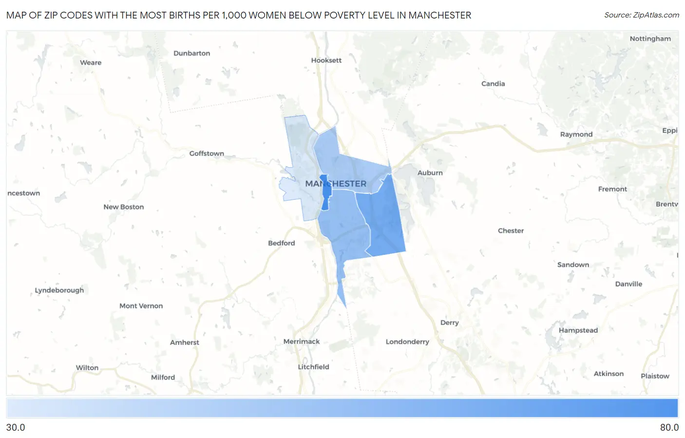 Zip Codes with the Most Births per 1,000 Women Below Poverty Level in Manchester Map
