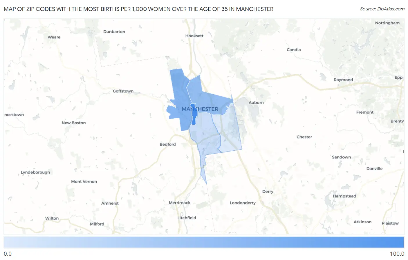 Zip Codes with the Most Births per 1,000 Women Over the Age of 35 in Manchester Map