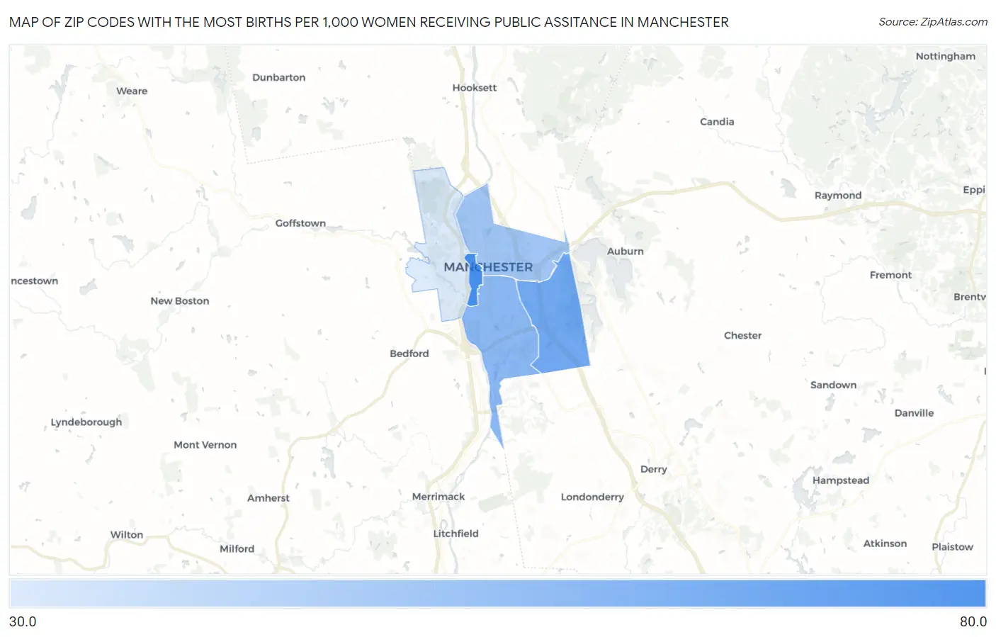 Zip Codes with the Most Births per 1,000 Women Receiving Public Assitance in Manchester Map