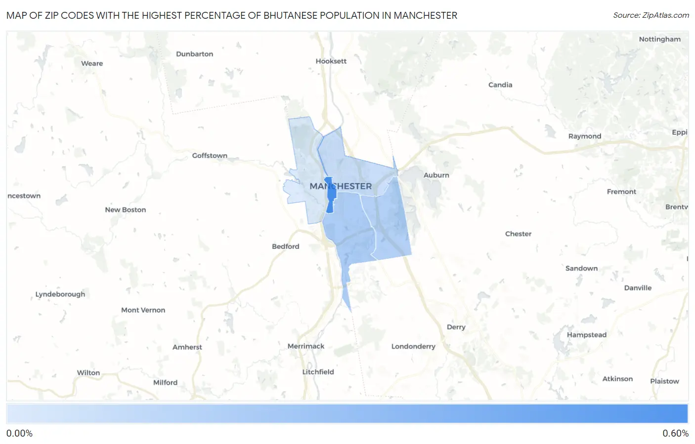 Zip Codes with the Highest Percentage of Bhutanese Population in Manchester Map