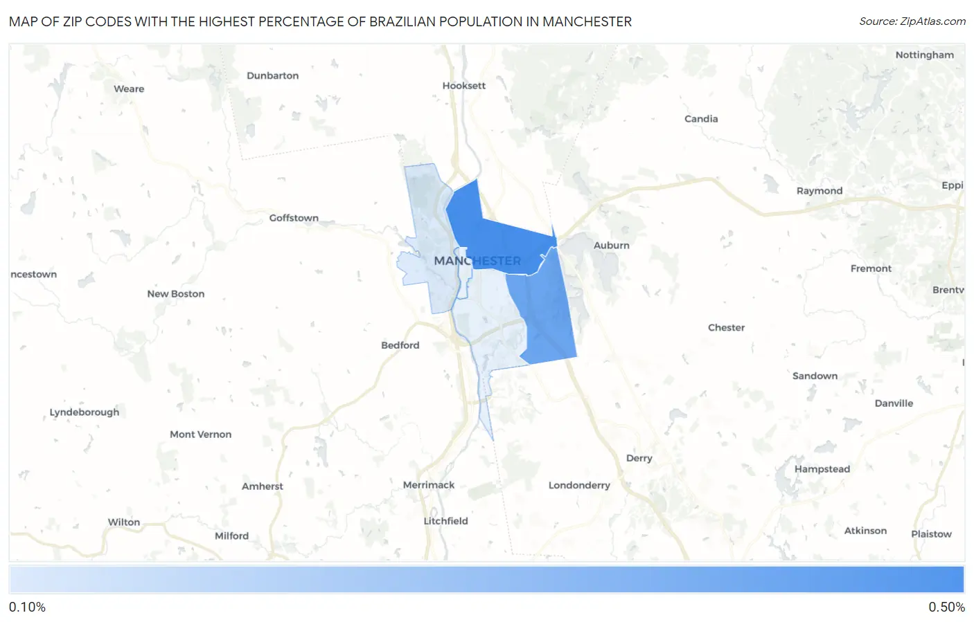 Zip Codes with the Highest Percentage of Brazilian Population in Manchester Map