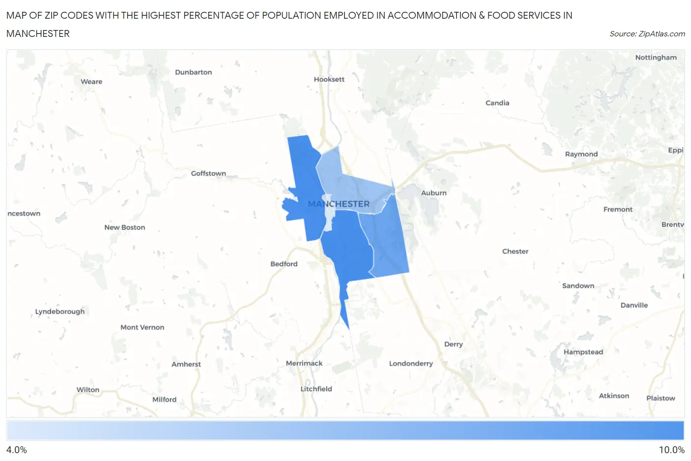 Zip Codes with the Highest Percentage of Population Employed in Accommodation & Food Services in Manchester Map