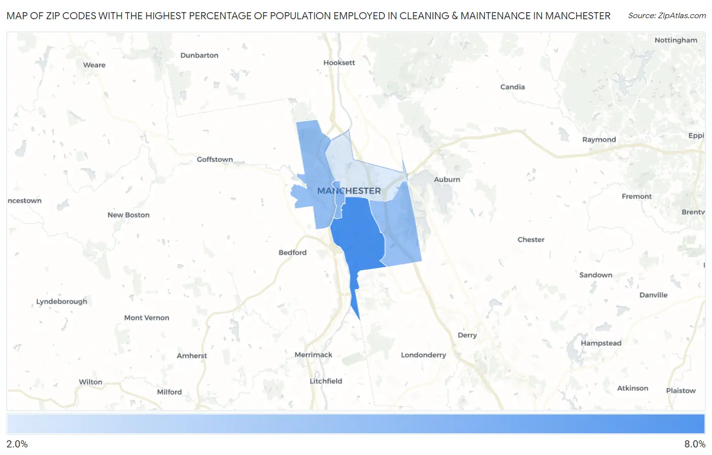 Zip Codes with the Highest Percentage of Population Employed in Cleaning & Maintenance in Manchester Map