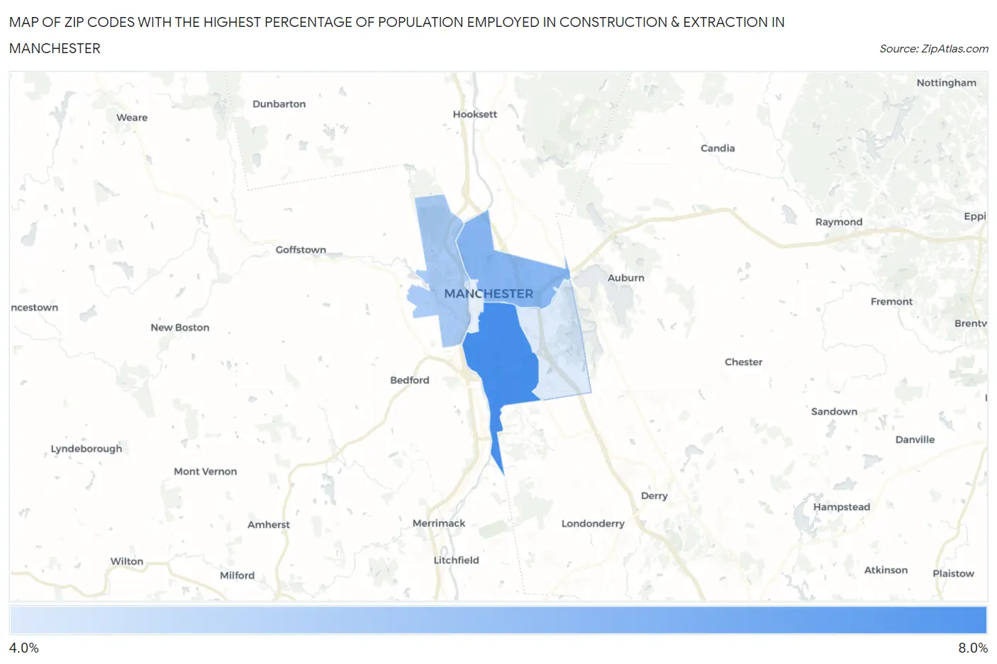 Zip Codes with the Highest Percentage of Population Employed in Construction & Extraction in Manchester Map