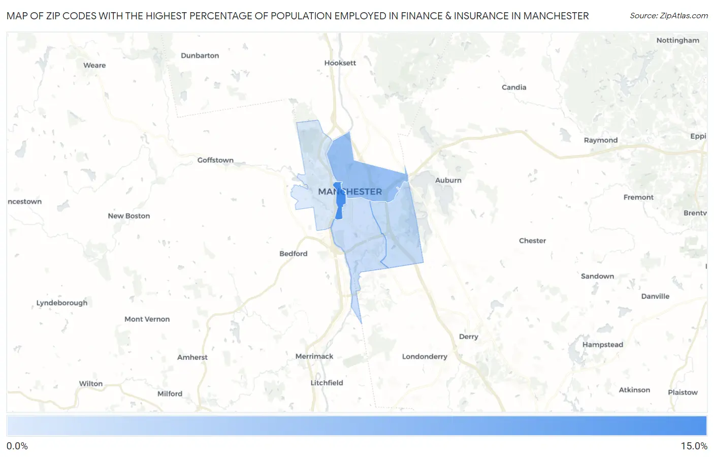Zip Codes with the Highest Percentage of Population Employed in Finance & Insurance in Manchester Map