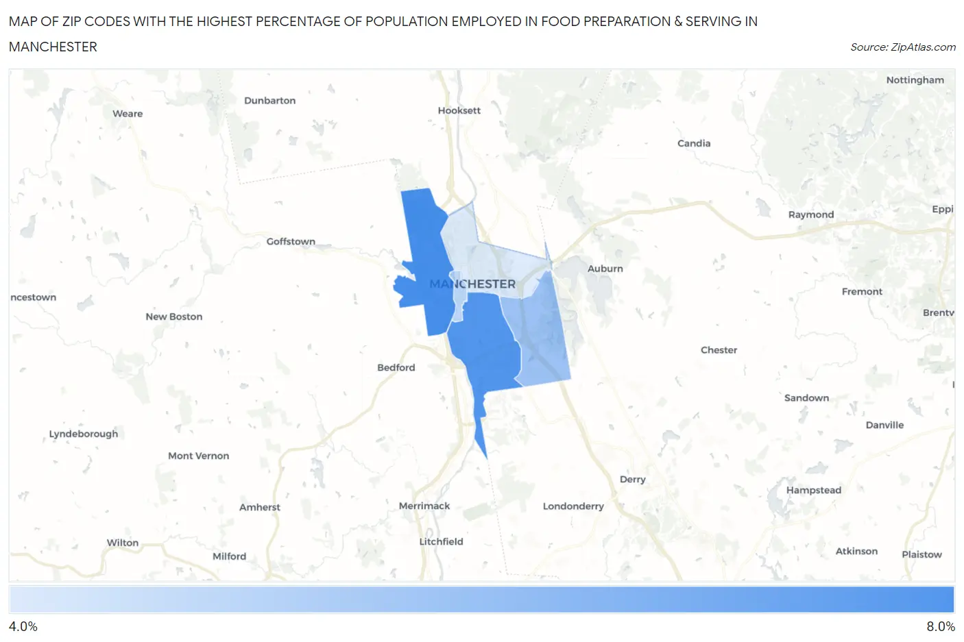 Zip Codes with the Highest Percentage of Population Employed in Food Preparation & Serving in Manchester Map