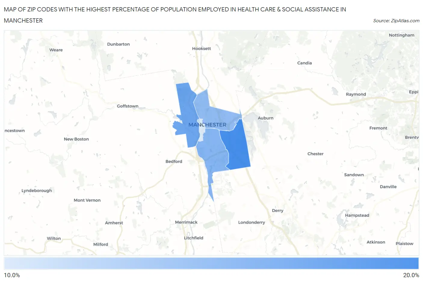 Zip Codes with the Highest Percentage of Population Employed in Health Care & Social Assistance in Manchester Map