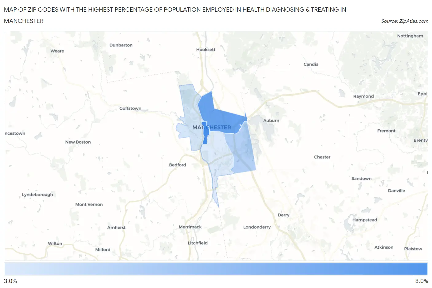Zip Codes with the Highest Percentage of Population Employed in Health Diagnosing & Treating in Manchester Map