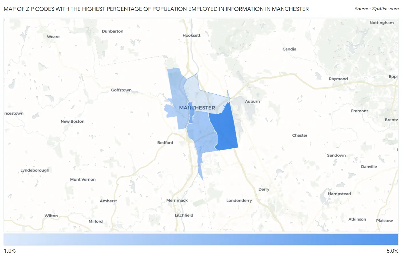 Zip Codes with the Highest Percentage of Population Employed in Information in Manchester Map