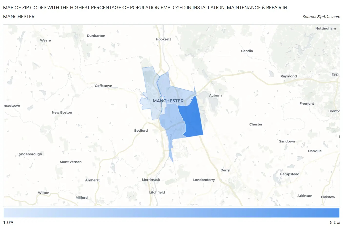 Zip Codes with the Highest Percentage of Population Employed in Installation, Maintenance & Repair in Manchester Map