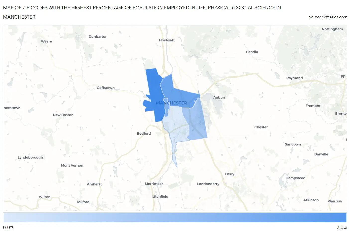 Zip Codes with the Highest Percentage of Population Employed in Life, Physical & Social Science in Manchester Map