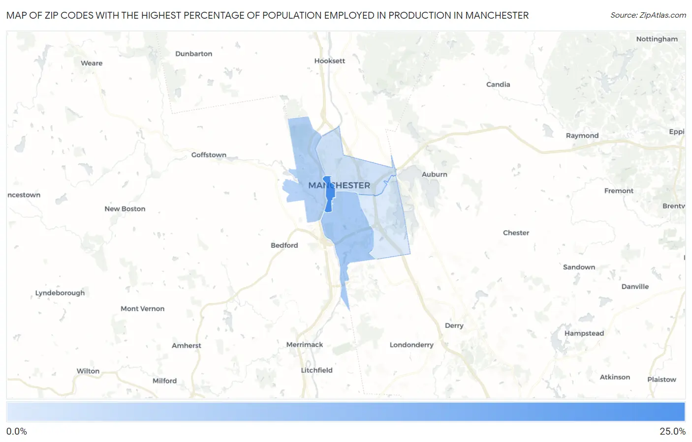 Zip Codes with the Highest Percentage of Population Employed in Production in Manchester Map