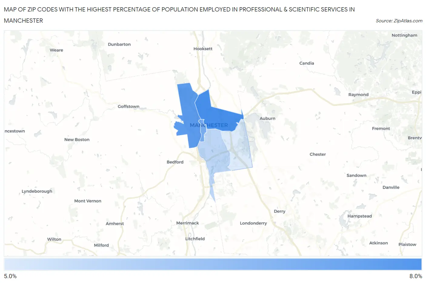 Zip Codes with the Highest Percentage of Population Employed in Professional & Scientific Services in Manchester Map