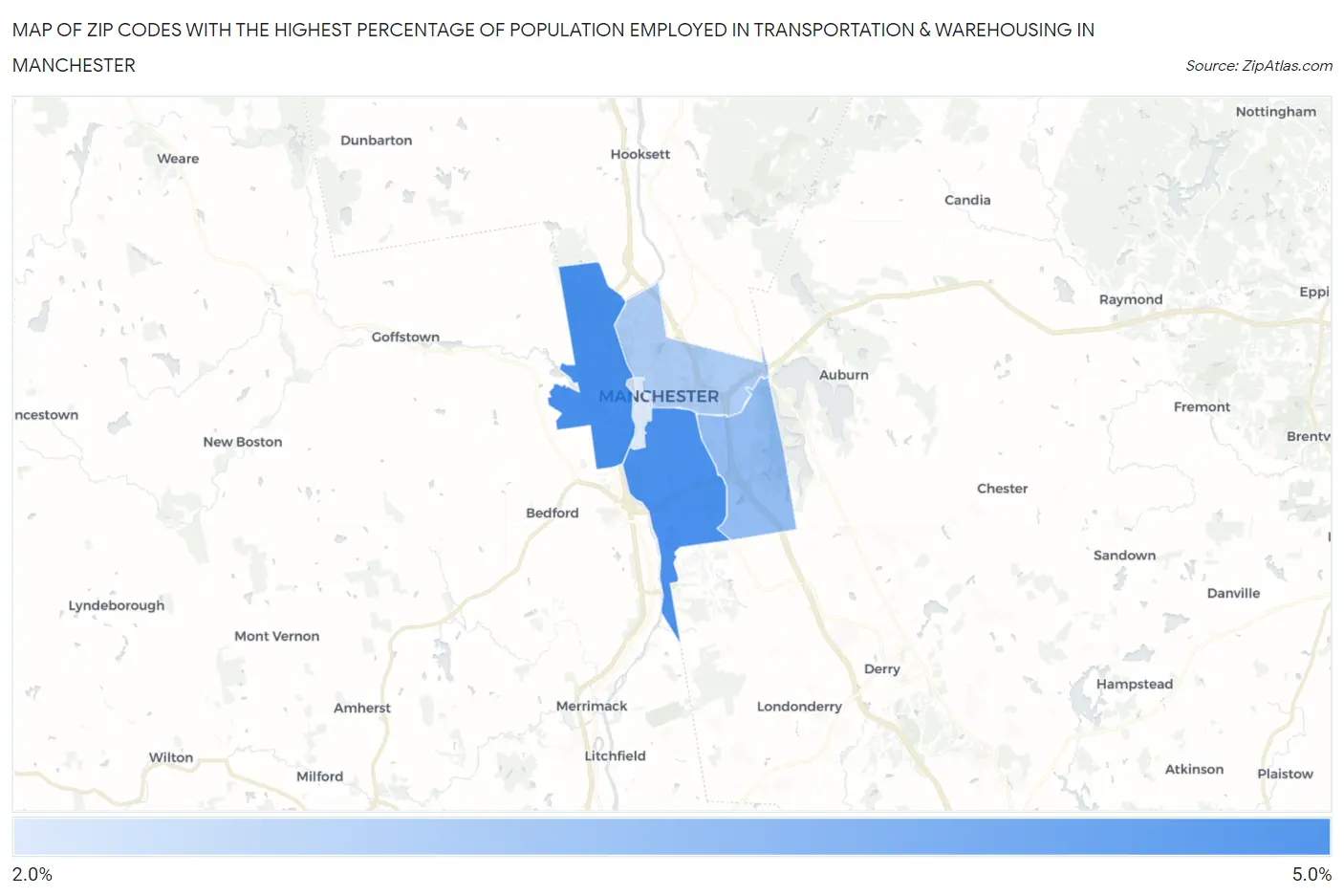 Zip Codes with the Highest Percentage of Population Employed in Transportation & Warehousing in Manchester Map