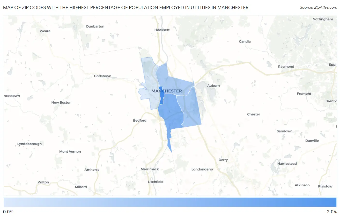 Zip Codes with the Highest Percentage of Population Employed in Utilities in Manchester Map