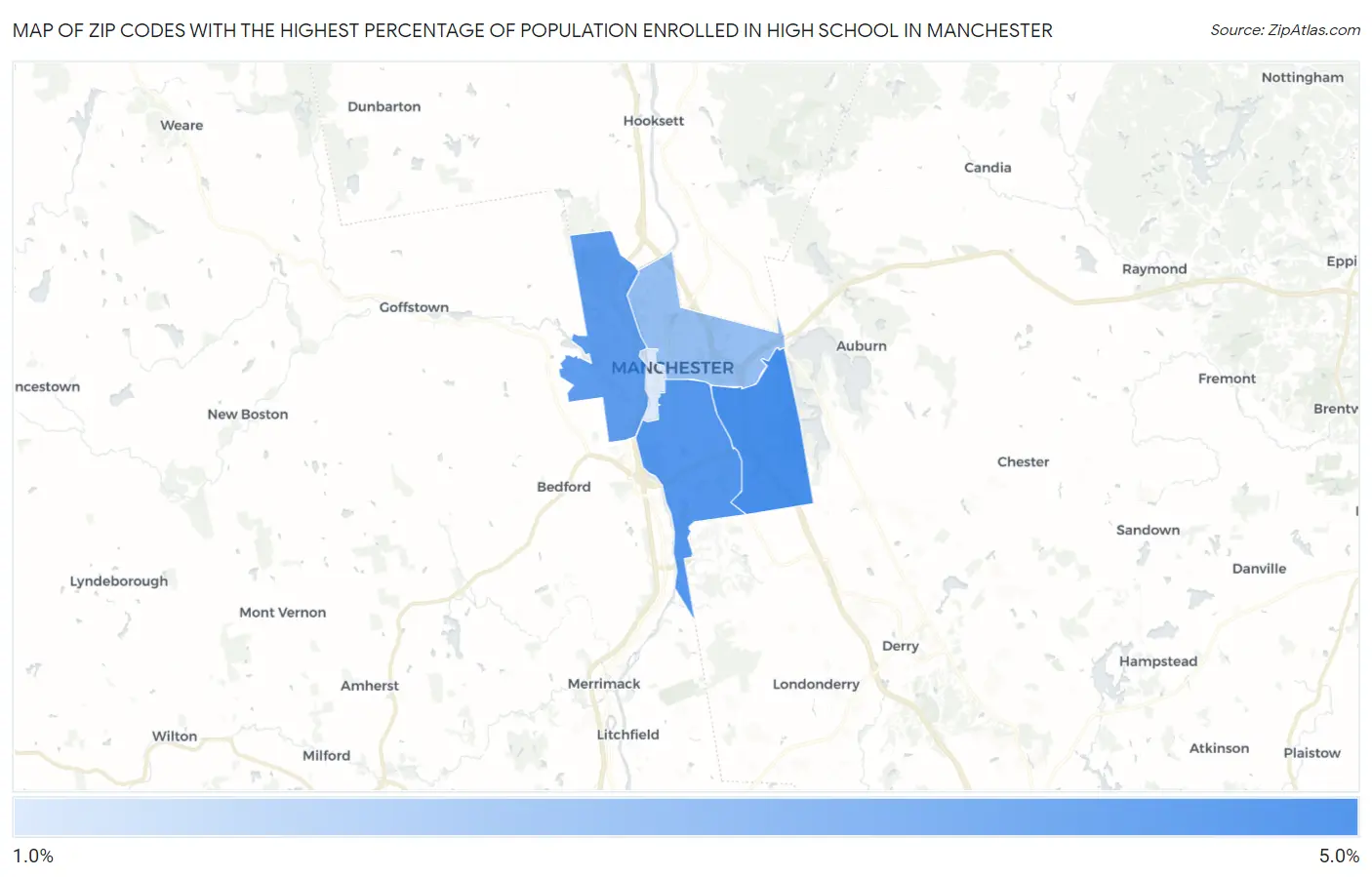 Zip Codes with the Highest Percentage of Population Enrolled in High School in Manchester Map