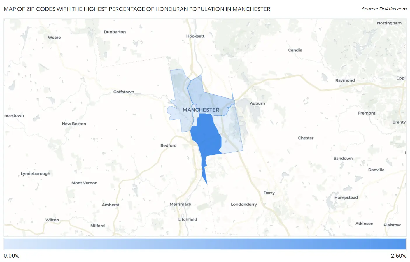 Zip Codes with the Highest Percentage of Honduran Population in Manchester Map