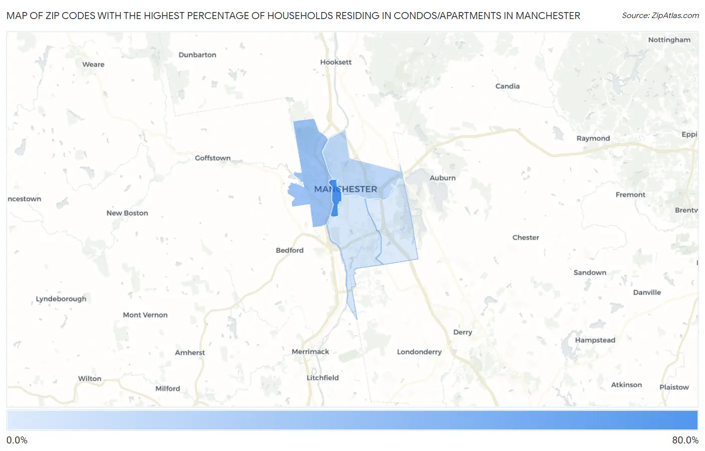 Zip Codes with the Highest Percentage of Households Residing in Condos/Apartments in Manchester Map