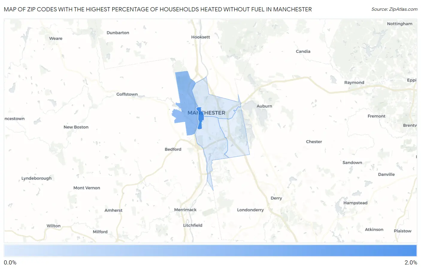 Zip Codes with the Highest Percentage of Households Heated without Fuel in Manchester Map
