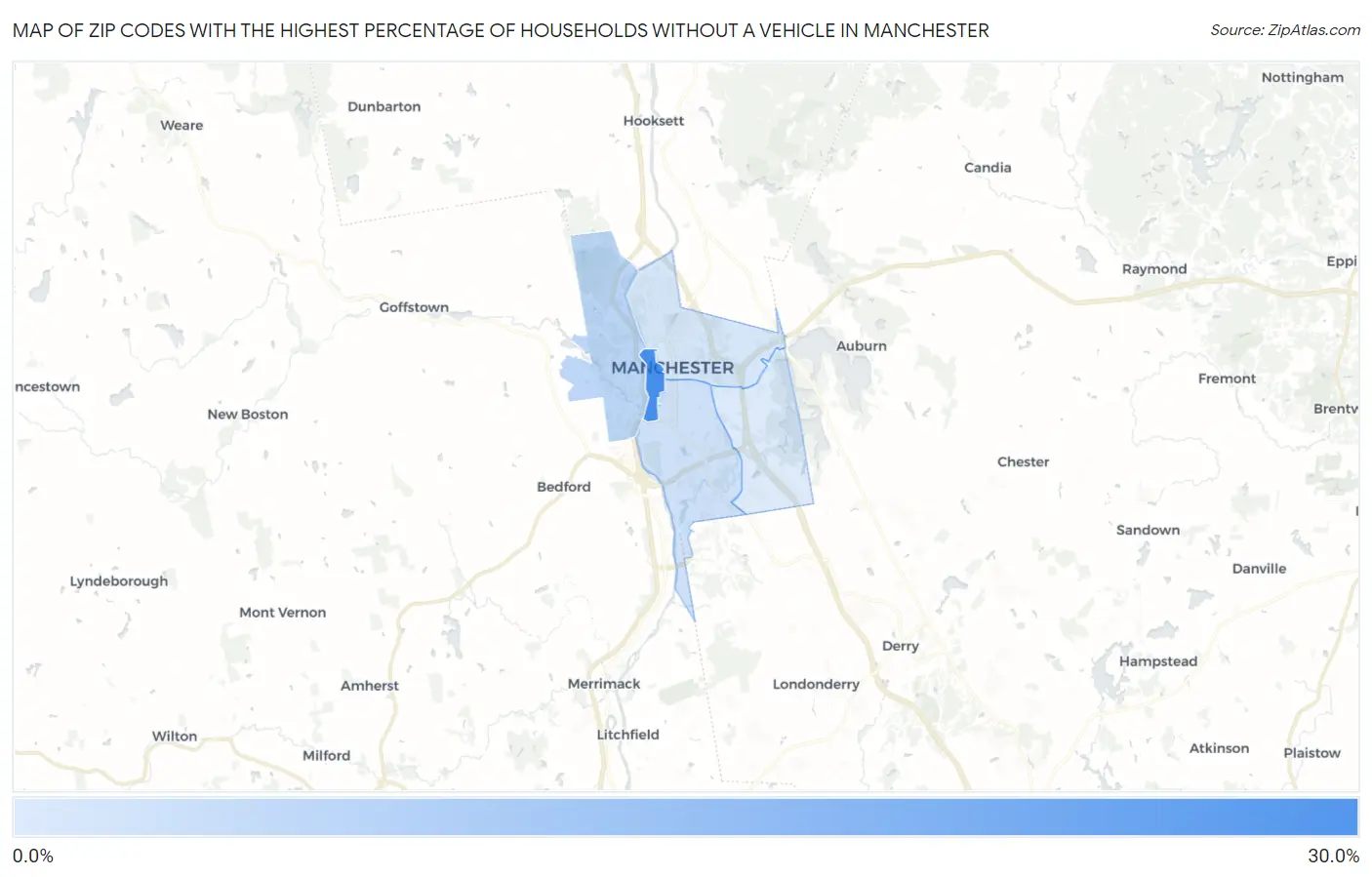Zip Codes with the Highest Percentage of Households Without a Vehicle in Manchester Map