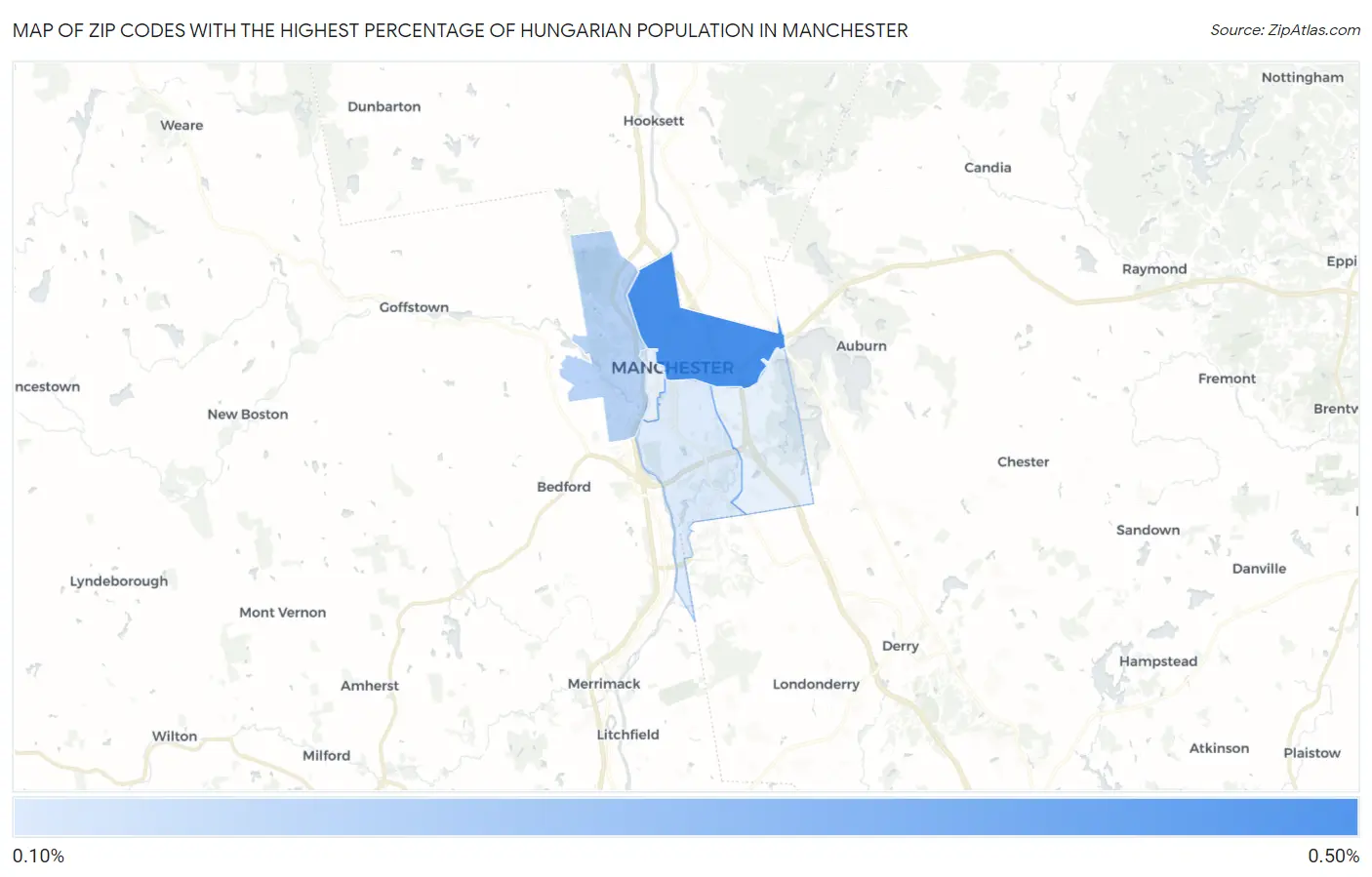 Zip Codes with the Highest Percentage of Hungarian Population in Manchester Map