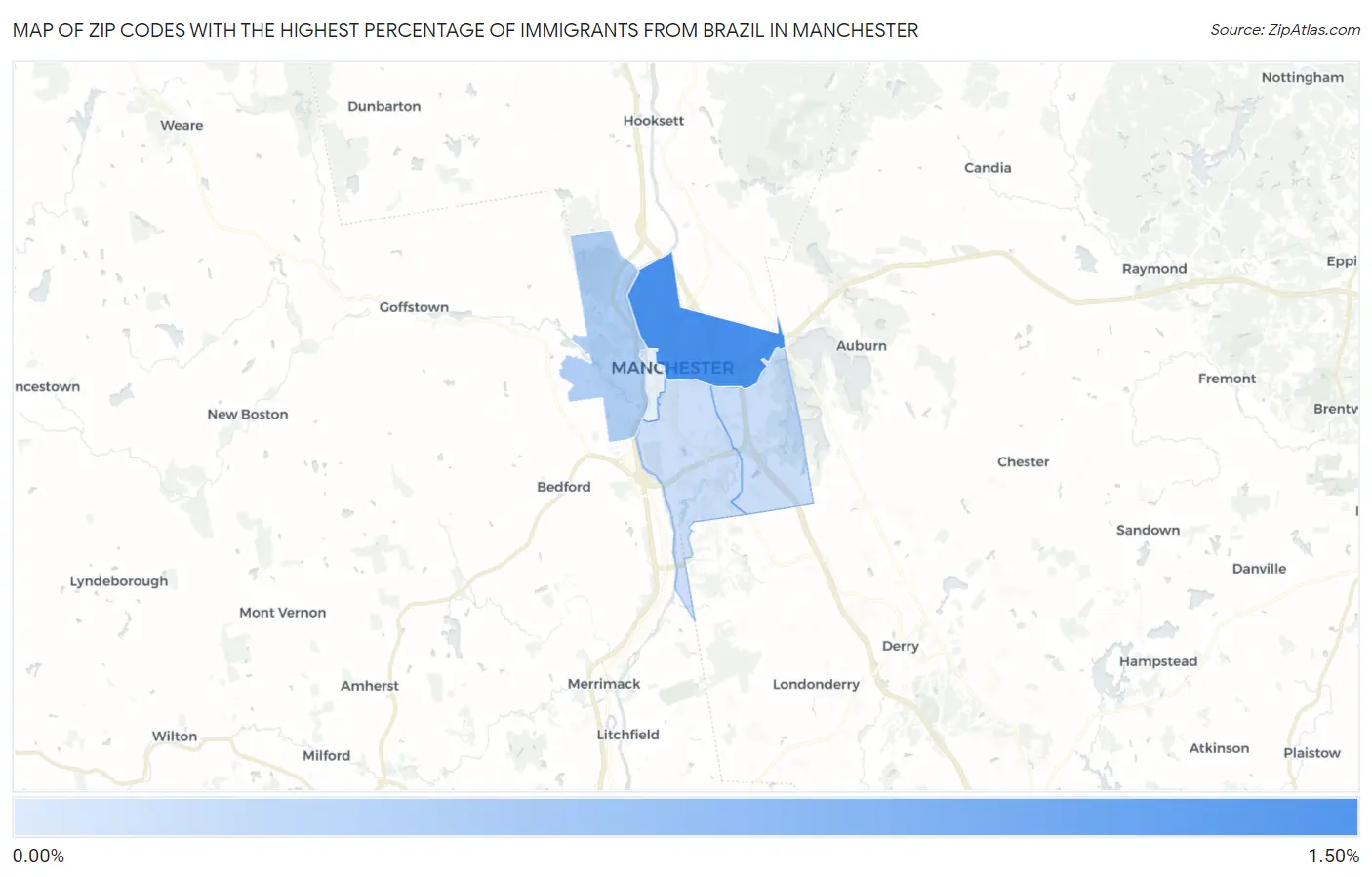 Zip Codes with the Highest Percentage of Immigrants from Brazil in Manchester Map