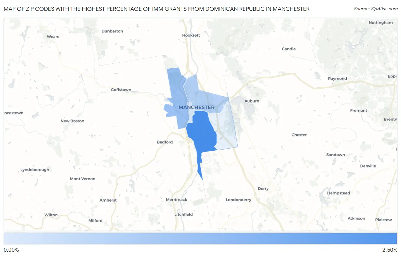 Zip Codes with the Highest Percentage of Immigrants from Dominican Republic in Manchester Map