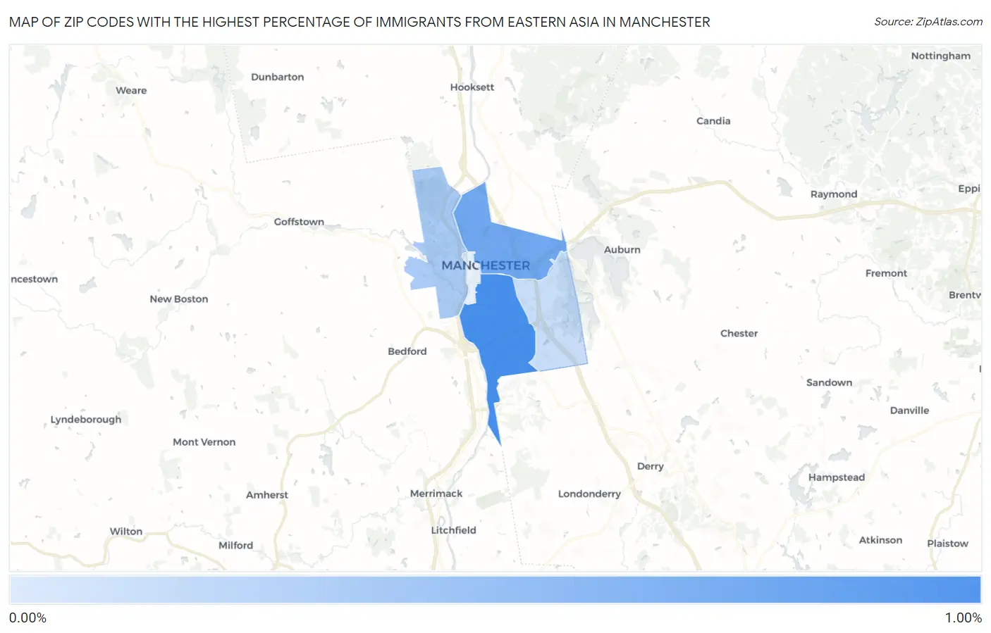 Zip Codes with the Highest Percentage of Immigrants from Eastern Asia in Manchester Map