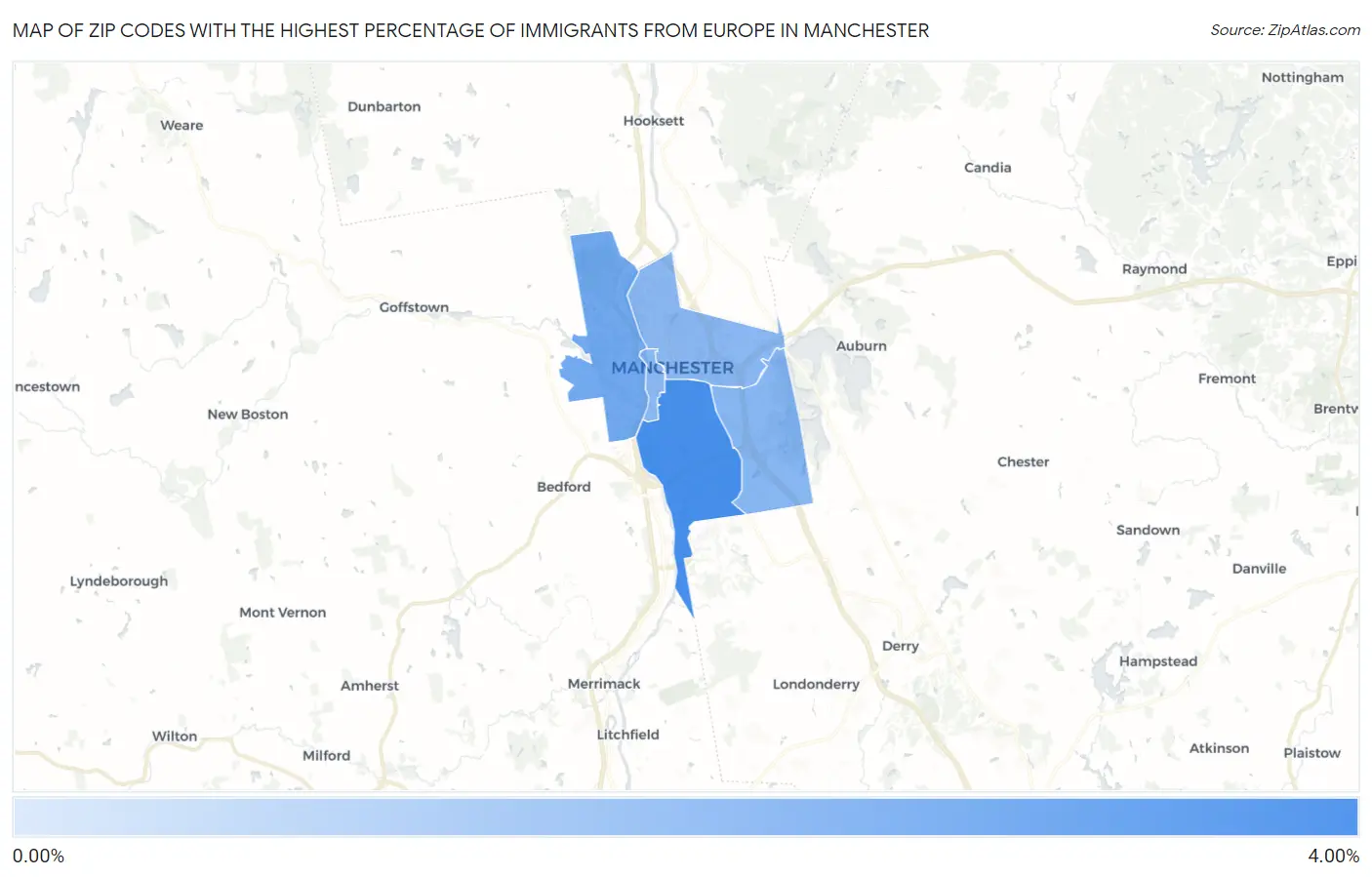 Zip Codes with the Highest Percentage of Immigrants from Europe in Manchester Map