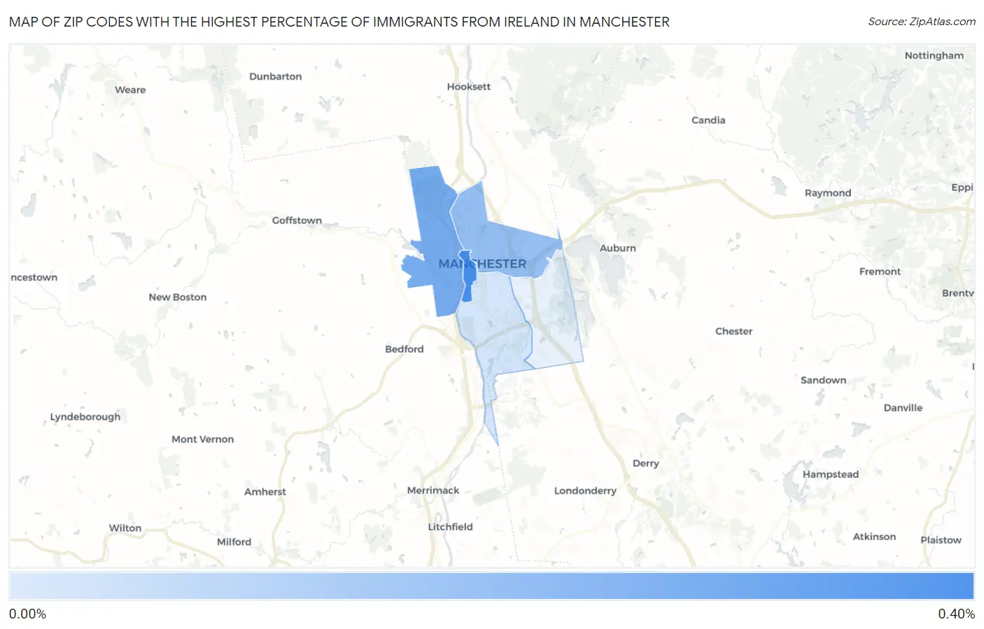 Zip Codes with the Highest Percentage of Immigrants from Ireland in Manchester Map