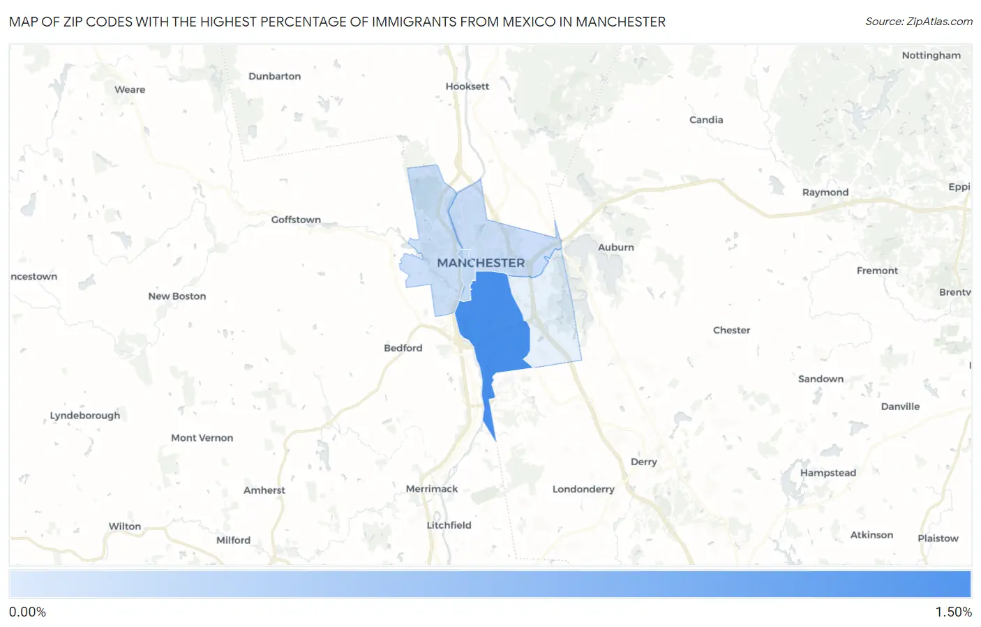 Zip Codes with the Highest Percentage of Immigrants from Mexico in Manchester Map