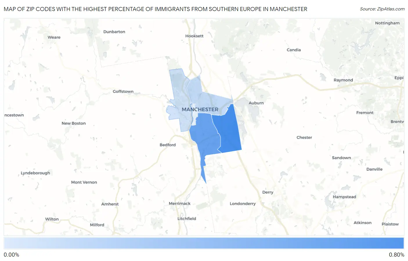 Zip Codes with the Highest Percentage of Immigrants from Southern Europe in Manchester Map