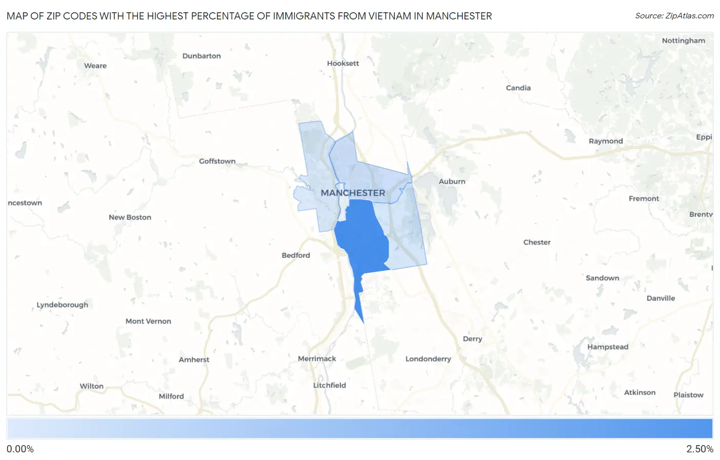 Zip Codes with the Highest Percentage of Immigrants from Vietnam in Manchester Map