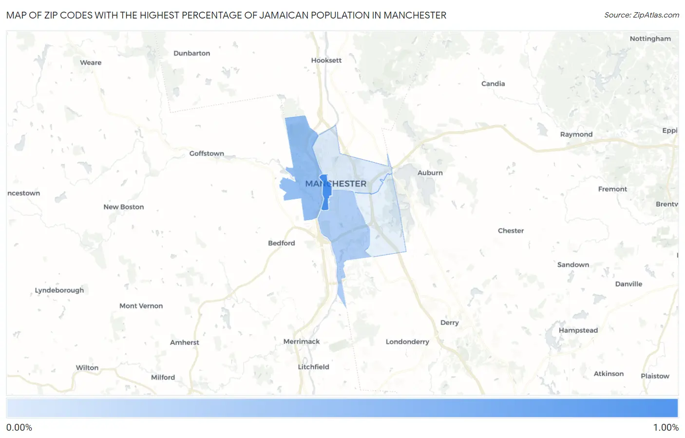Zip Codes with the Highest Percentage of Jamaican Population in Manchester Map