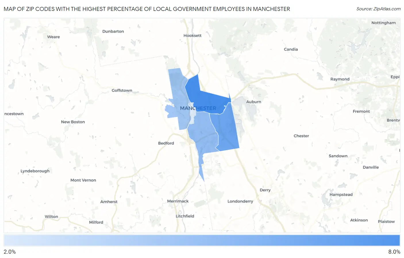 Zip Codes with the Highest Percentage of Local Government Employees in Manchester Map
