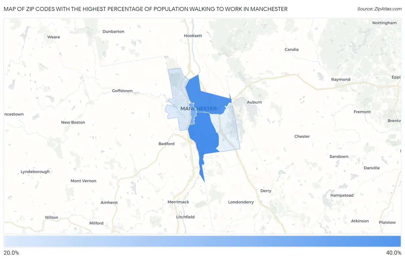 Zip Codes with the Highest Percentage of Population Walking to Work in Manchester Map