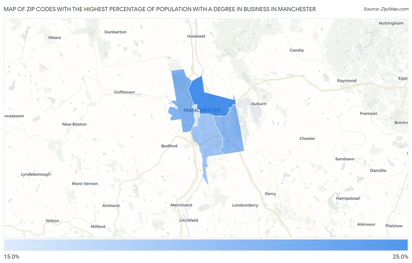 Zip Codes with the Highest Percentage of Population with a Degree in Business in Manchester Map