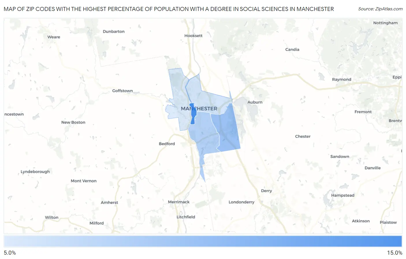 Zip Codes with the Highest Percentage of Population with a Degree in Social Sciences in Manchester Map