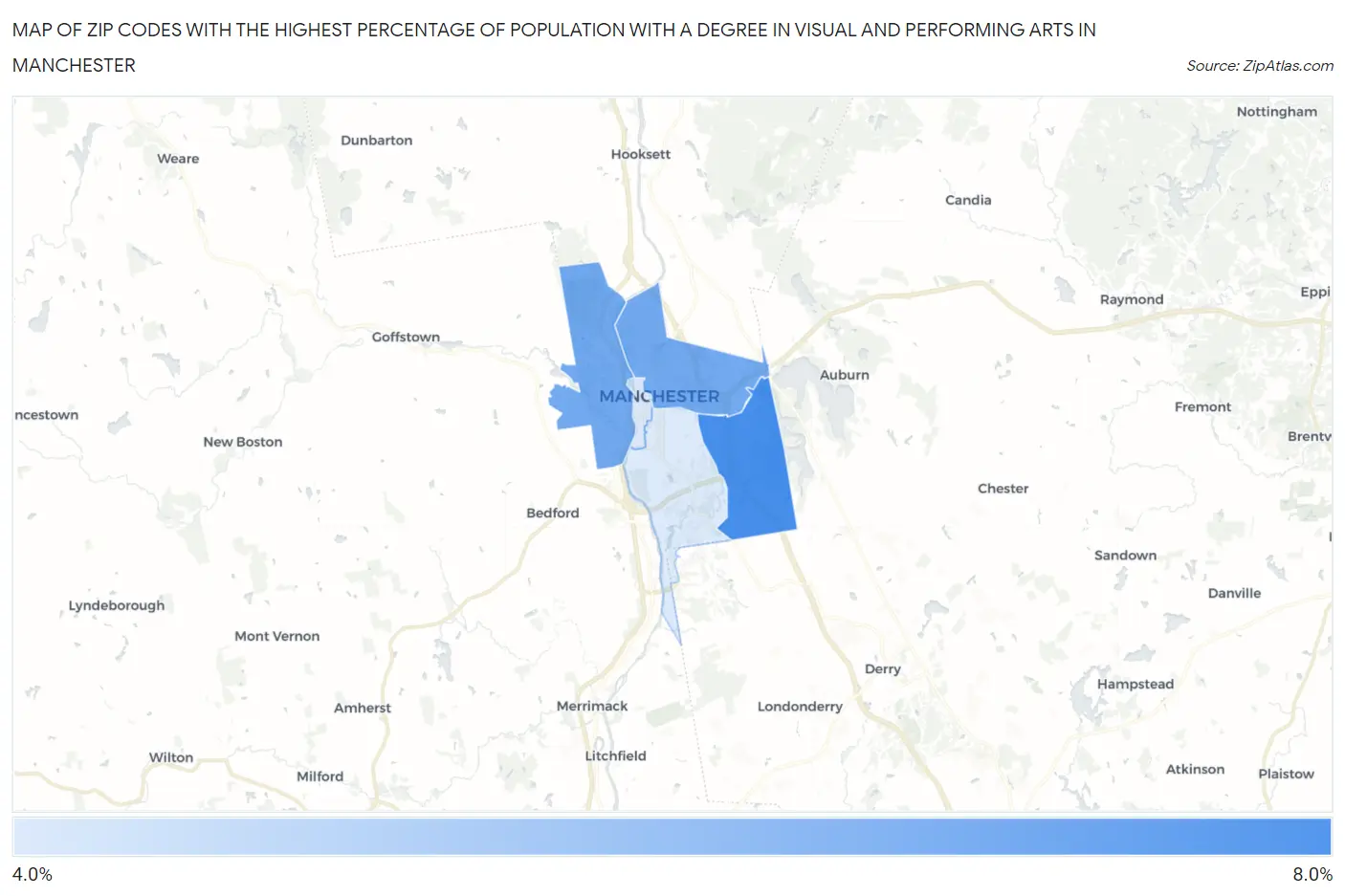 Zip Codes with the Highest Percentage of Population with a Degree in Visual and Performing Arts in Manchester Map