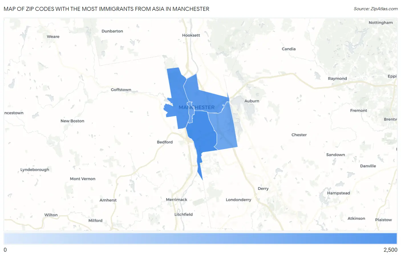 Zip Codes with the Most Immigrants from Asia in Manchester Map