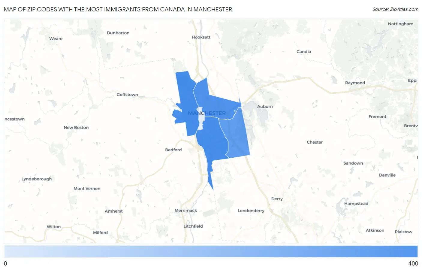 Zip Codes with the Most Immigrants from Canada in Manchester Map