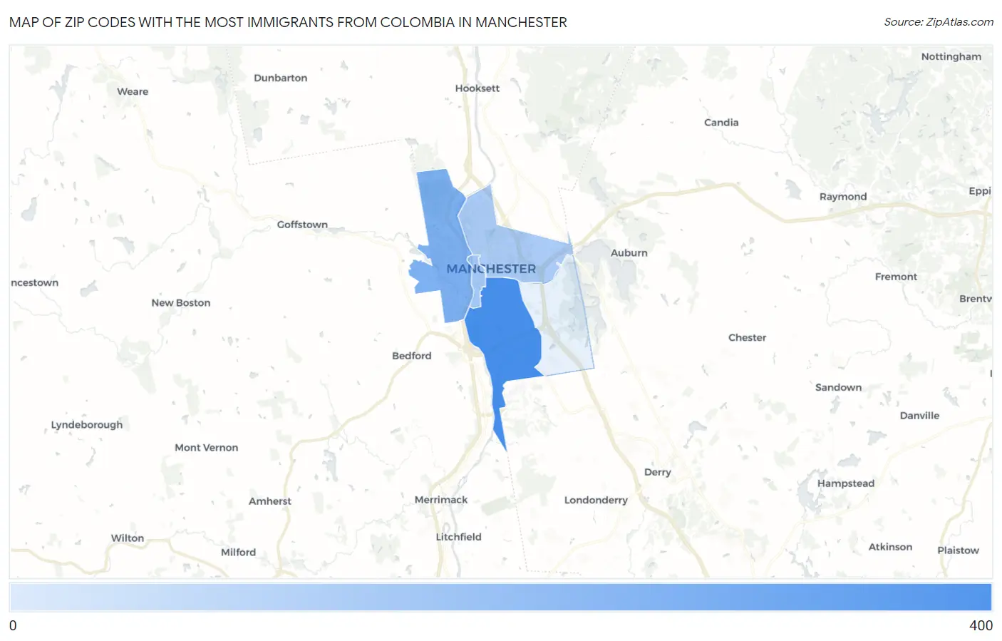 Zip Codes with the Most Immigrants from Colombia in Manchester Map