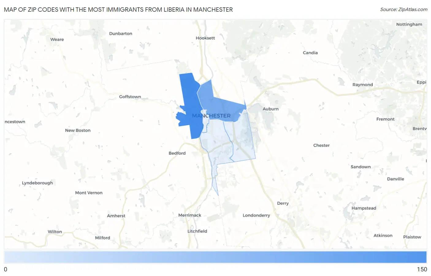 Zip Codes with the Most Immigrants from Liberia in Manchester Map