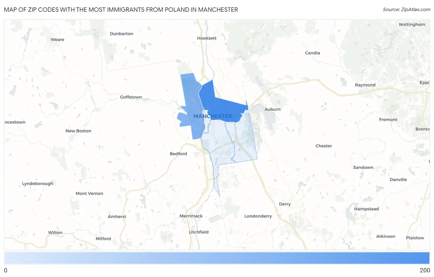 Zip Codes with the Most Immigrants from Poland in Manchester Map