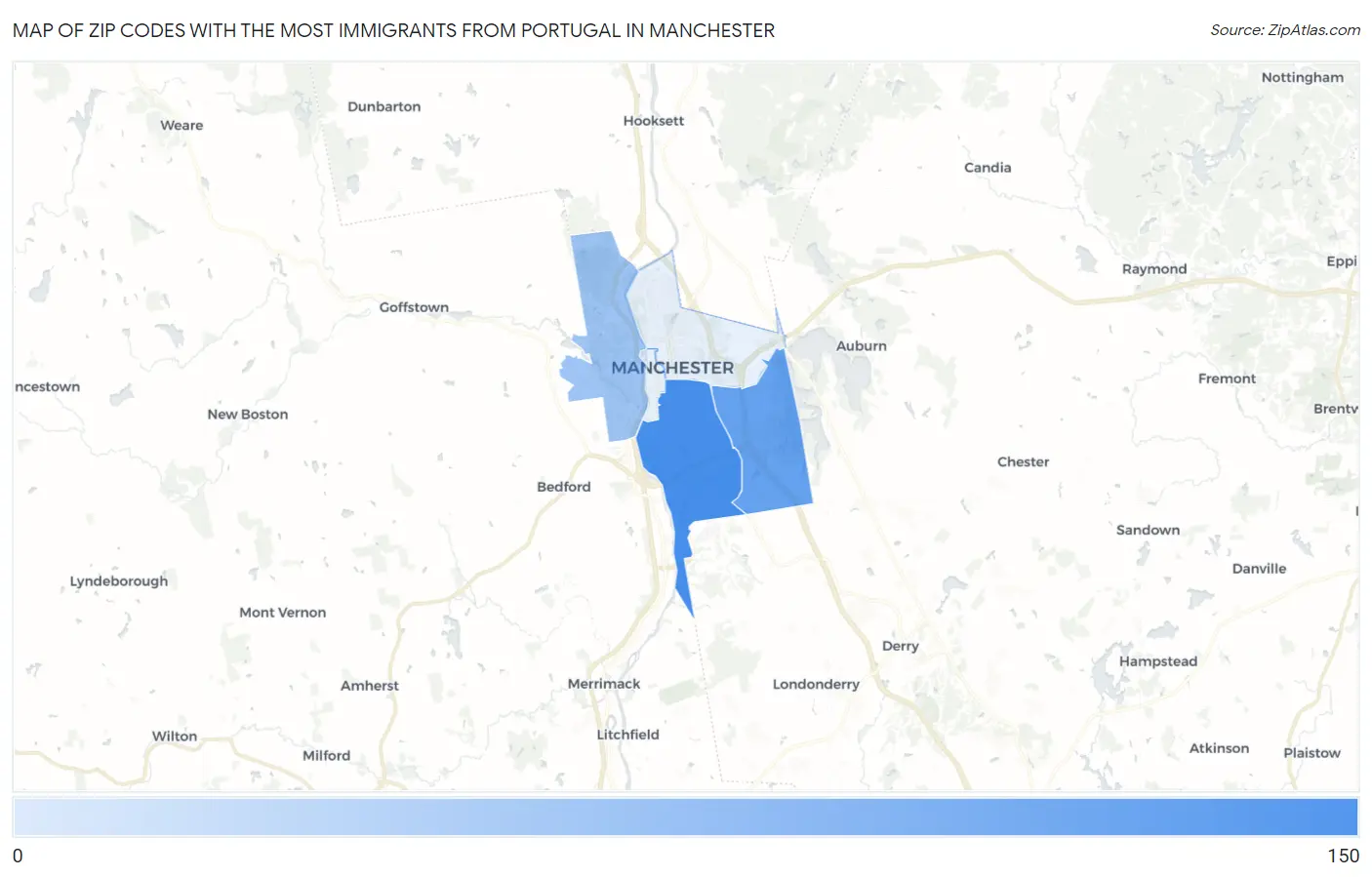Zip Codes with the Most Immigrants from Portugal in Manchester Map