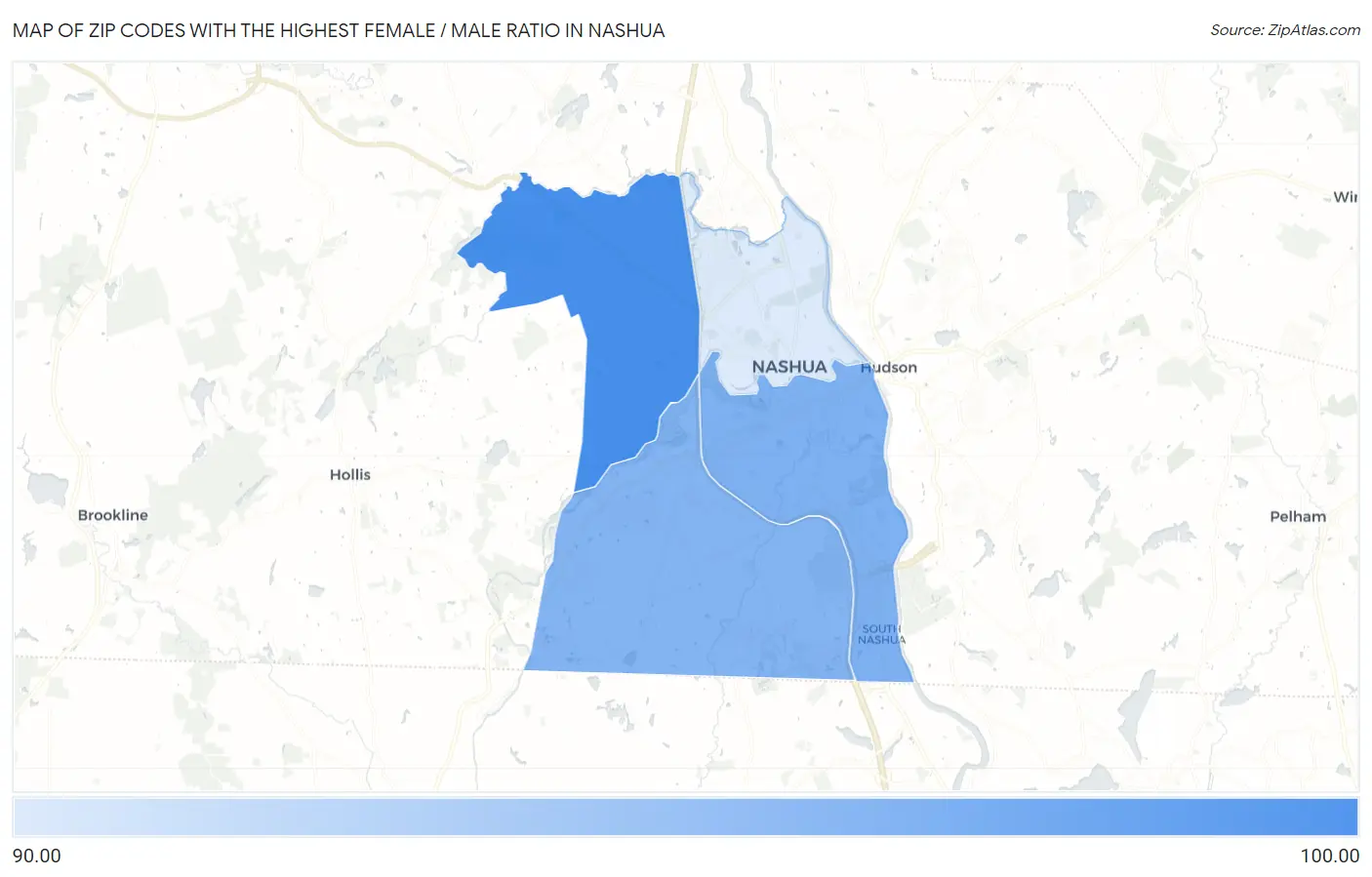 Zip Codes with the Highest Female / Male Ratio in Nashua Map