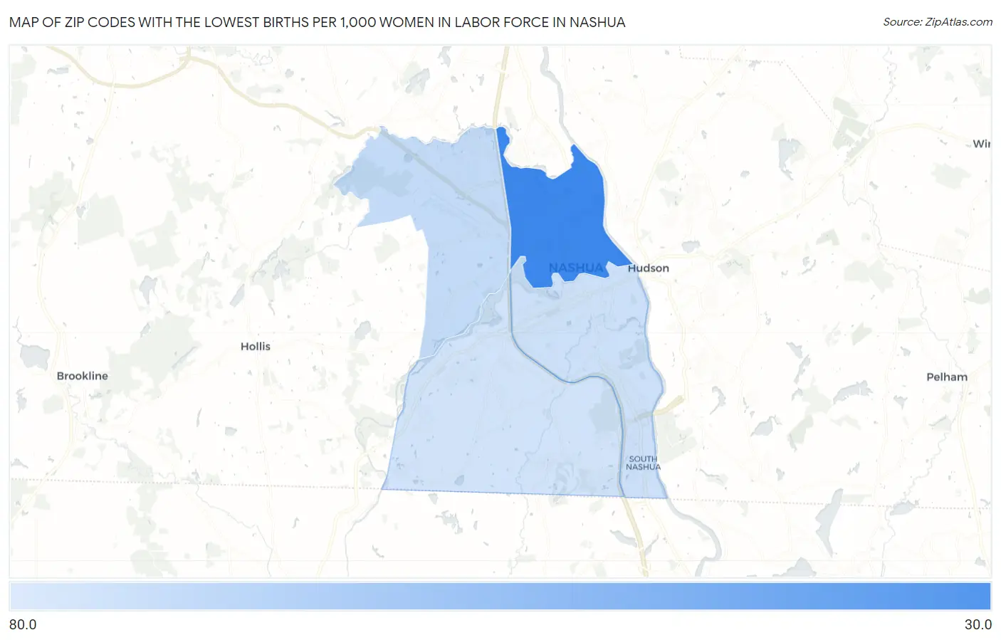 Zip Codes with the Lowest Births per 1,000 Women in Labor Force in Nashua Map