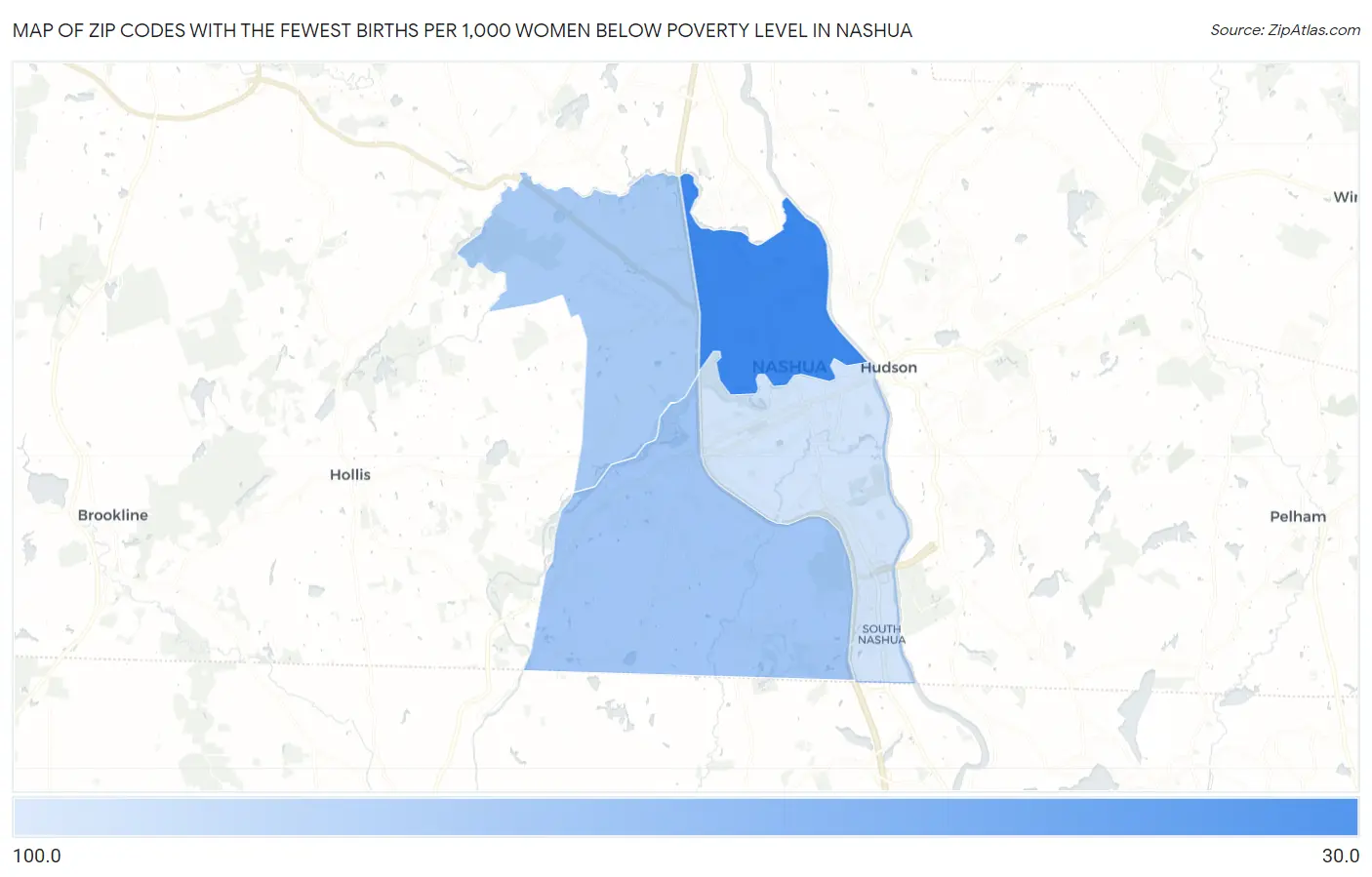 Zip Codes with the Fewest Births per 1,000 Women Below Poverty Level in Nashua Map